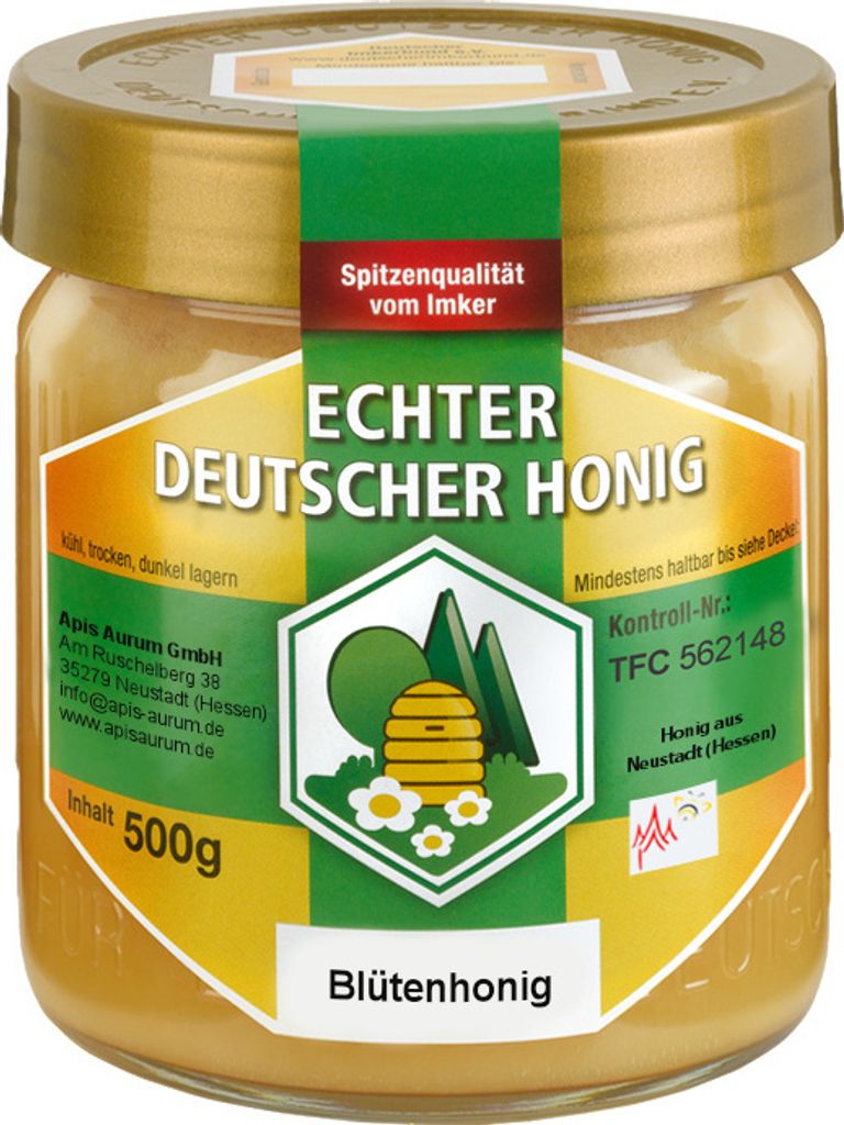 Apis Aurum GmbH Genuine German honey from the beekeeper in Neustadt, Hesse. 1 x 500g blossom honey – carefully harvested, carefully processed, finely sieved, and unfiltered.