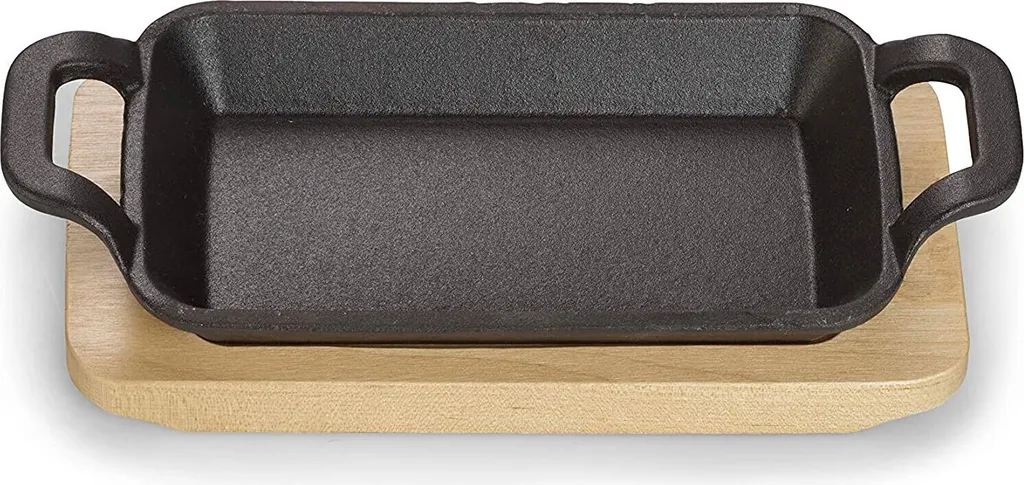Echtwerk cast iron serving dish, mini casserole dish with serving board, pre-seasoned, suitable for ovens, grills, and BBQs, ideal for cooking and serving, Ø 16 x 9.2 cm