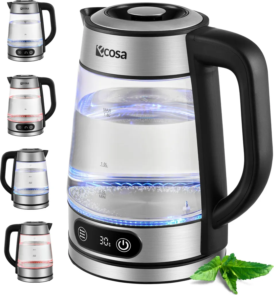 Ecosa Glass Kettle 1.8 Liters | 2200 Watts | Stainless Steel with Temperature Control | Tea Kettle | 100% BPA Free | Keep Warm Function | Color-Changing LED Lighting | Temperature Setting (40°C-100°C)