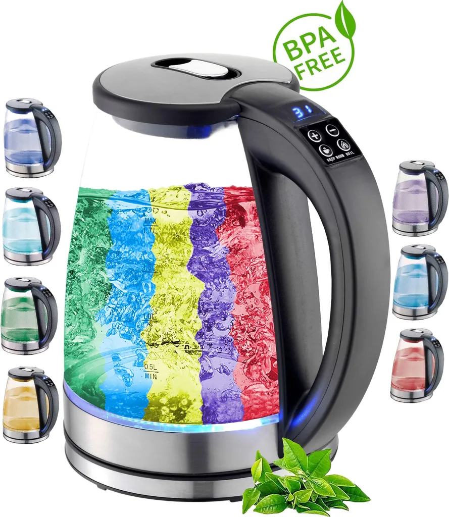 Ecosa Glass Kettle with Temperature Control | 40°C - 100°C | 1.8 L | 2200 Watts | LCD Display | LED Lighting | High-Quality Stainless Steel