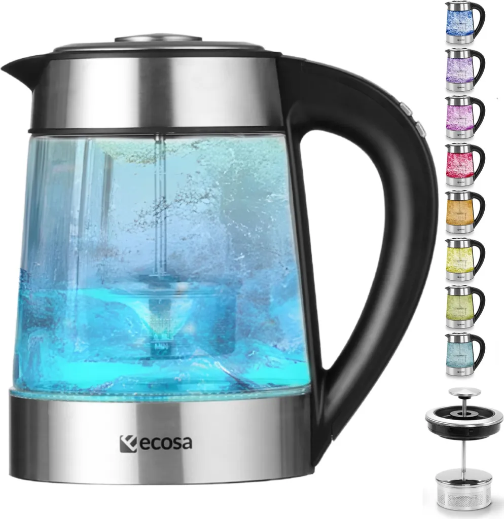 Ecosa Glass Kettle with Temperature Control | 40°C - 100°C | High-Quality Stainless Steel | With Integrated Tea Infuser | 2-Hour Keep-Warm Function | Color-Changing LED Lighting | 1.7 Liters | 2200 Watts | LCD Display | Removable Limescale Filter