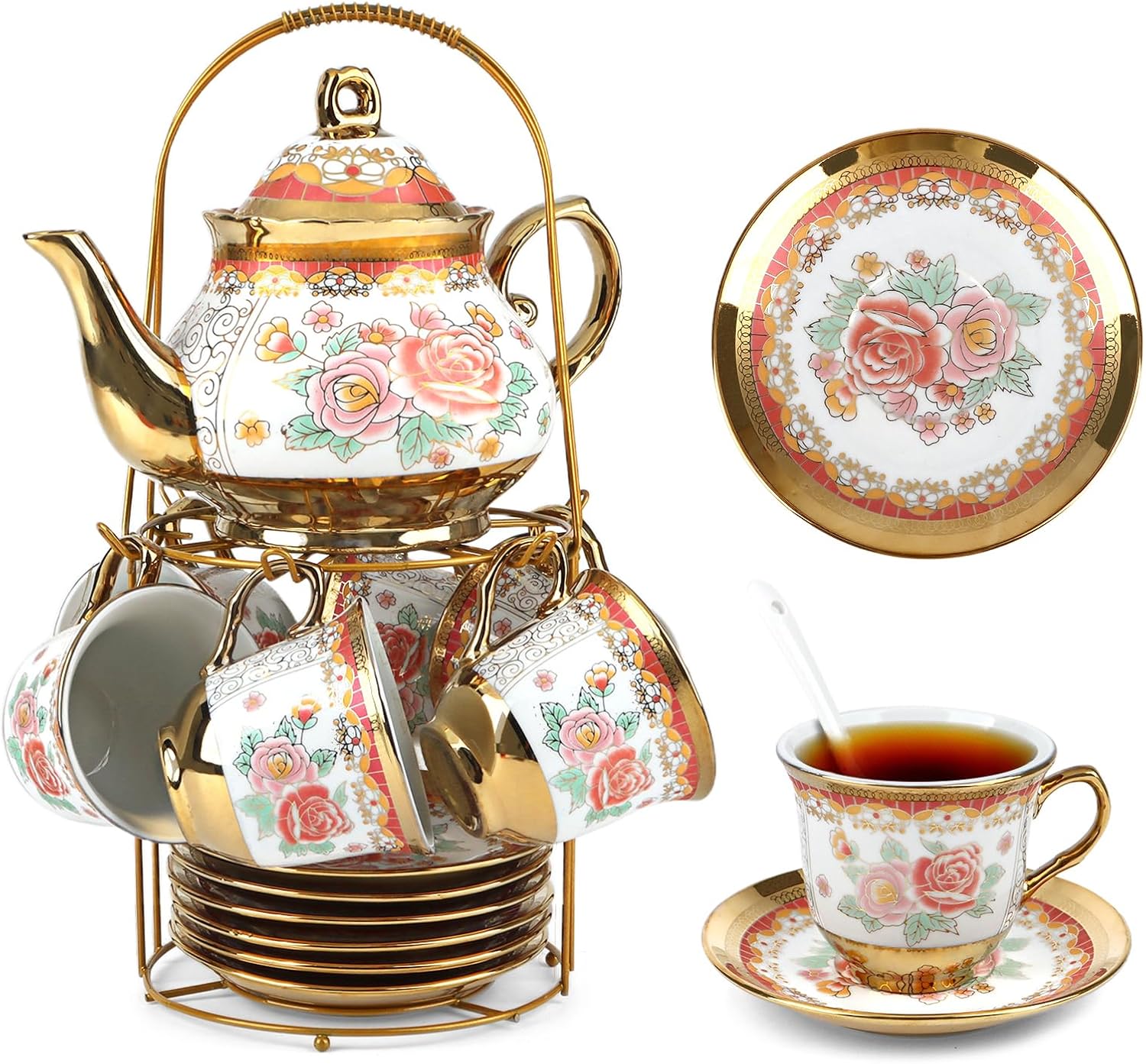 20-Piece Tea Service Coffee Service for 6 People with 700 ml Teapot and 160 ml Cups, Porcelain Ceramic Tea Set with Stand, Flower Design, European Style, Tea Party Cup Saucers Set, White