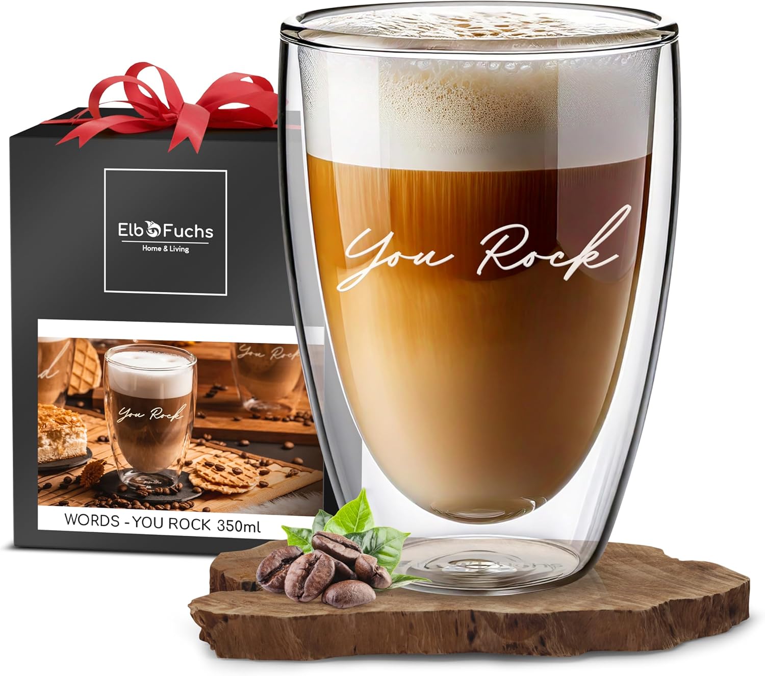ElbFuchs Store Double-Walled Latte Macchiato Glass YOU ROCK, 1 x 350 ml, Gift for Your Loved Ones, Ideal as a Gift for Best Friend, Favourite Person, Gift Glass with Engraving