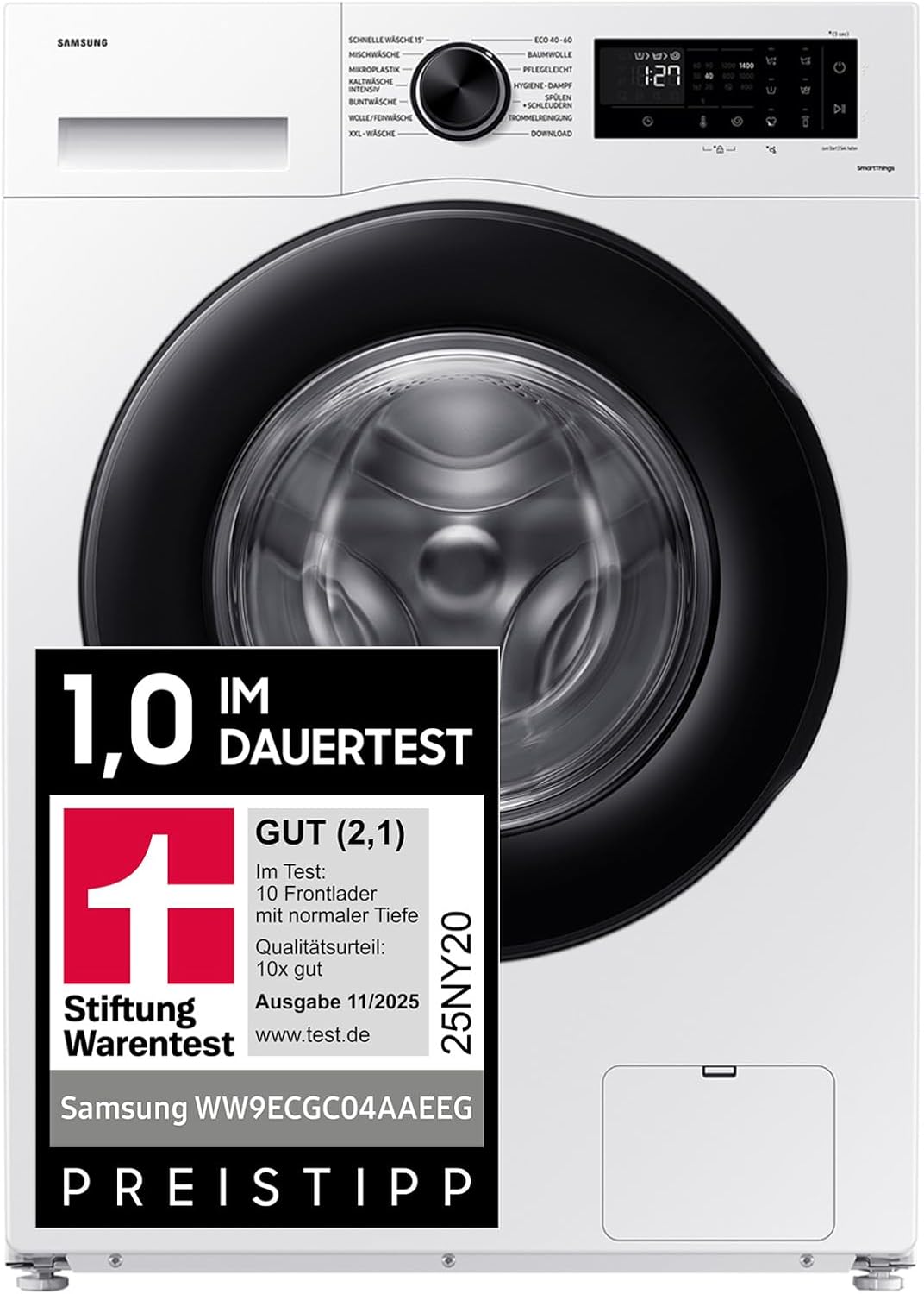 Samsung WW9ECGC04AAEEG Washing Machine, 9 kg, 1400 rpm, Energy Efficiency Class A, Microplastic Programs, Ecobubble, 14 Programs, WiFi SmartControl, White/Black