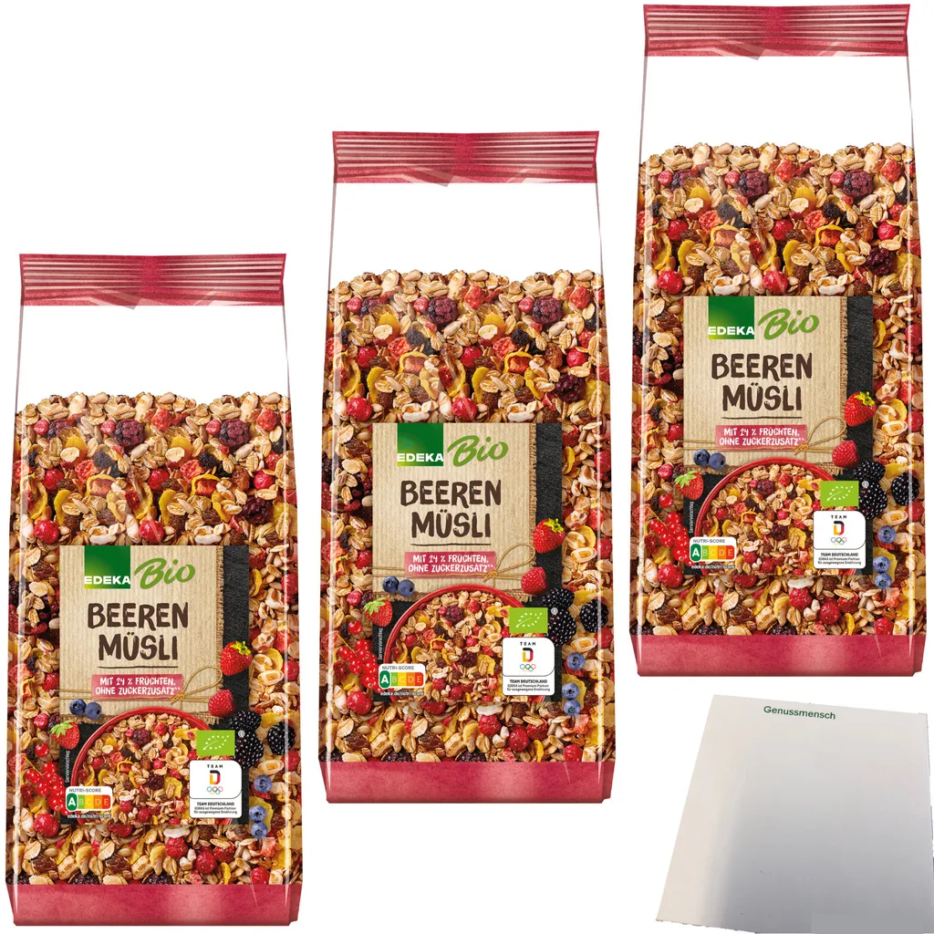 EdekaBeeren Muesli with 24% fruit and oat, rye and wheat wholegrain flakes 3-pack (3x750g pack) + usy Block