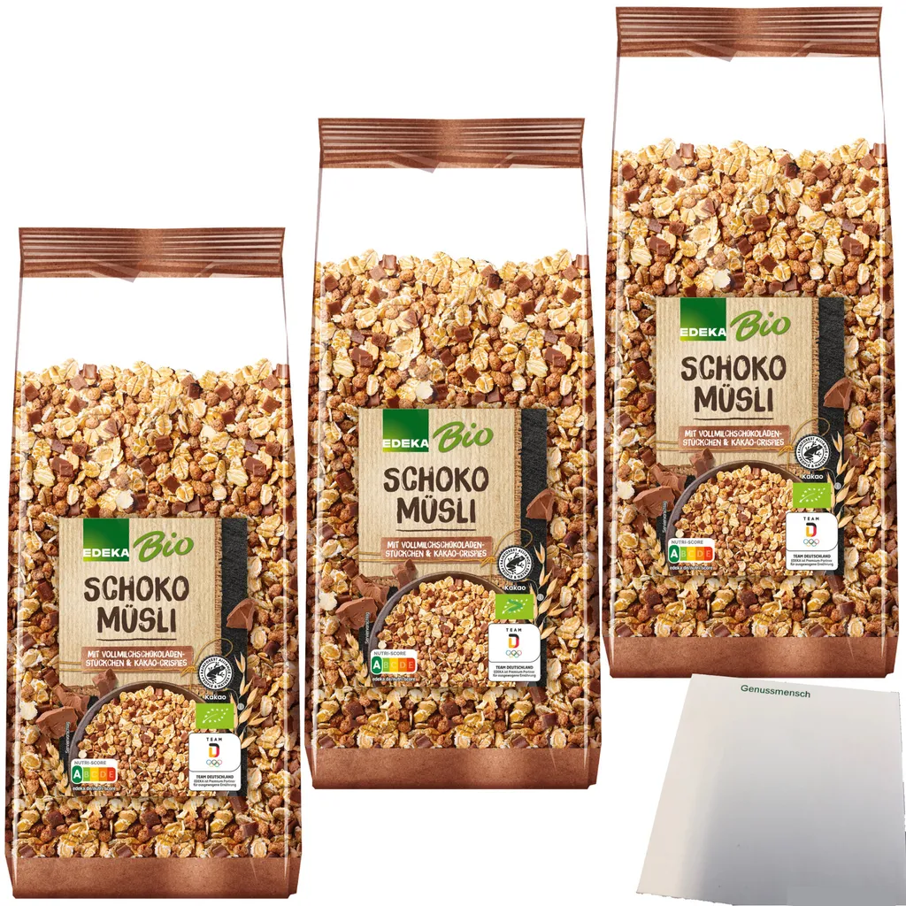 EdekaSchoko Muesli with milk chocolate pieces and cocoa nibs 3-pack (3x750g pack) + usy Block