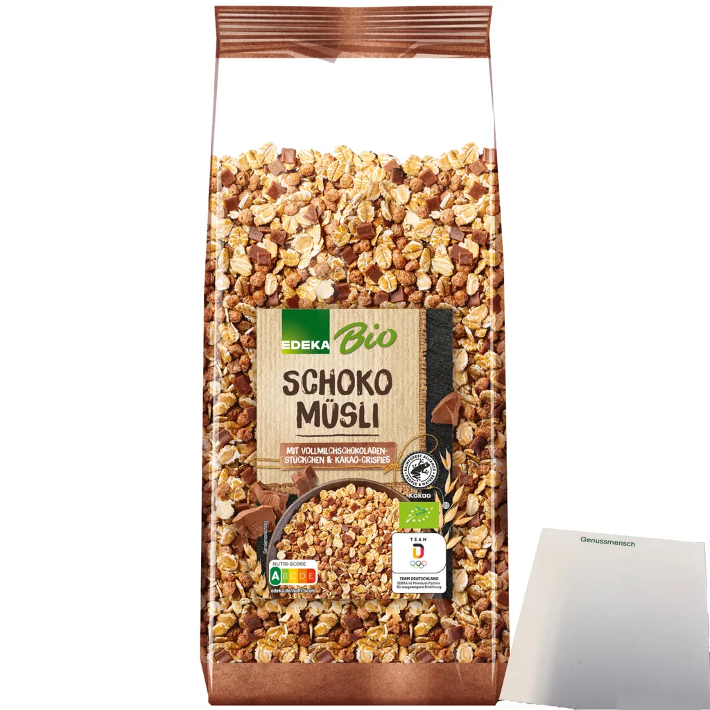 EdekaSchoko Muesli with milk chocolate pieces and cocoa nibs (750g pack) + usy Block