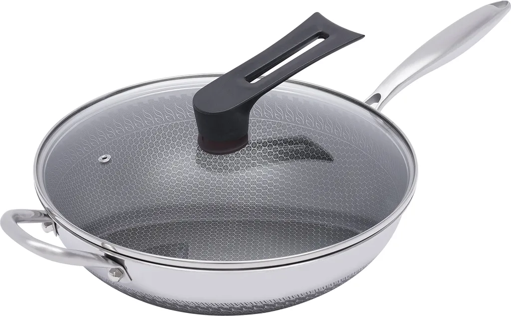 GreatDEshop2021 30cm stainless steel wok pan with lid, honeycomb design, induction and gas compatible, universal