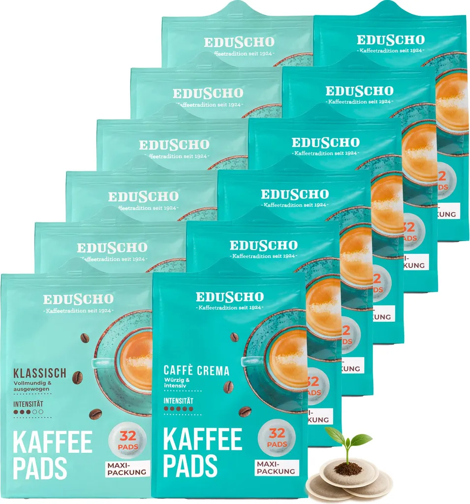 Tchibo Eduscho Coffee Pods Sample Pack Maxi Pack, Classic & Caffè Crema, 384 pods – 12 x 32 pods, for all pod machines, industrially compostable