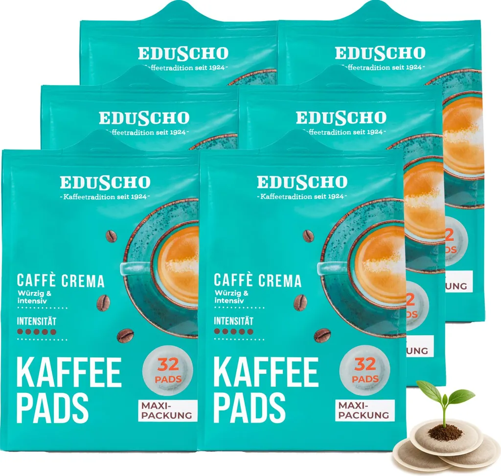Tchibo Eduscho Coffee Pods Maxi Pack, Caffè Crema, 192 pods – 6 x 32 pods, spicy, intense, for all pod machines, industrially compostable 1248g