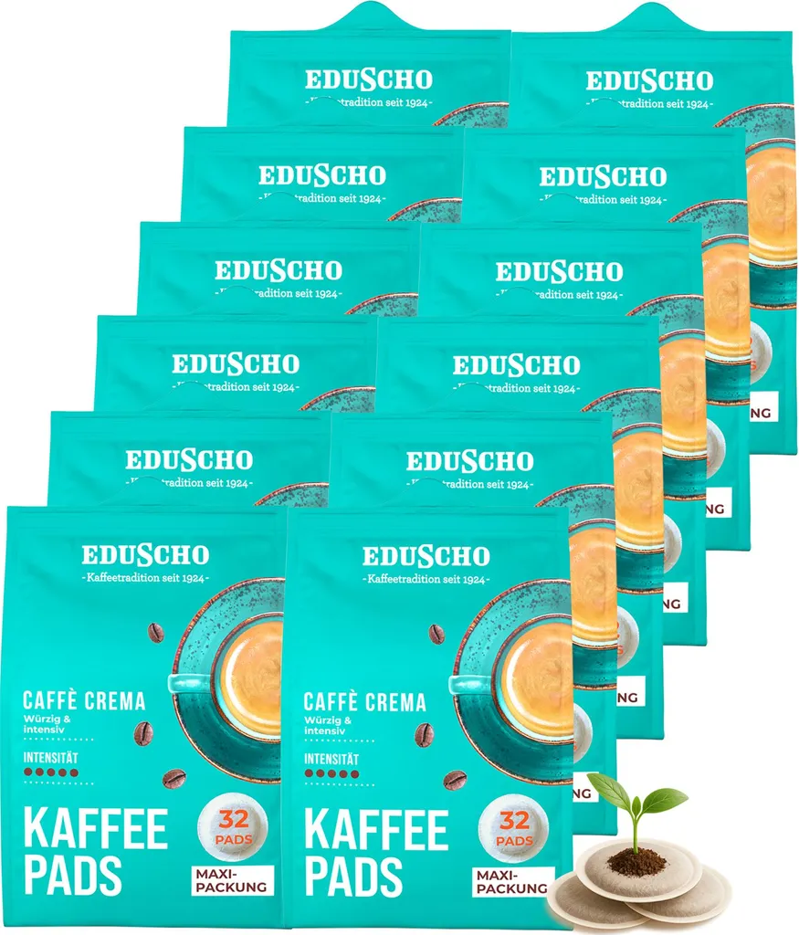 Eduscho Coffee Pods Maxi Pack, Caffè Crema, 384 pods – 12 x 32 pods, spicy, intense, for all pod machines, industrially compostable