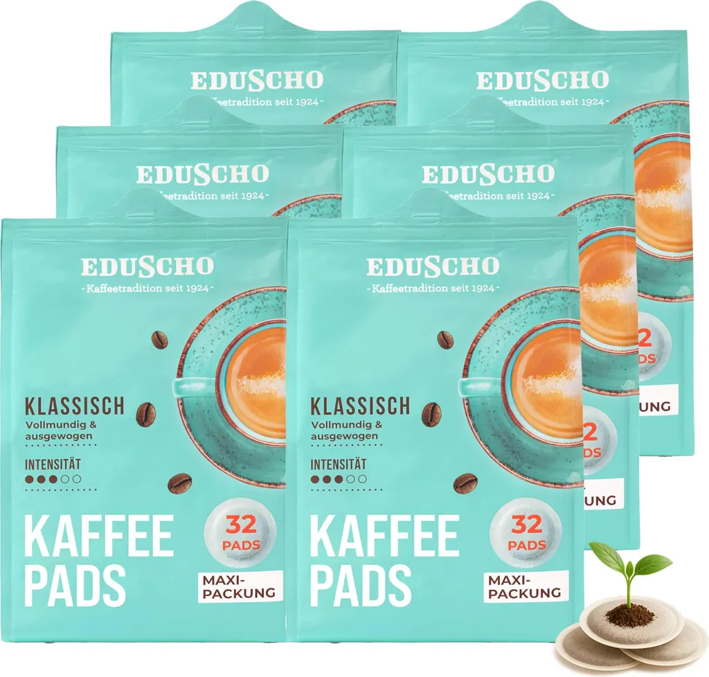 Tchibo Eduscho Coffee Pods Maxi Pack, Classic, 192 pods – 6 x 32 pods, full-bodied & balanced, for all pod machines, industrially compostable 1250g