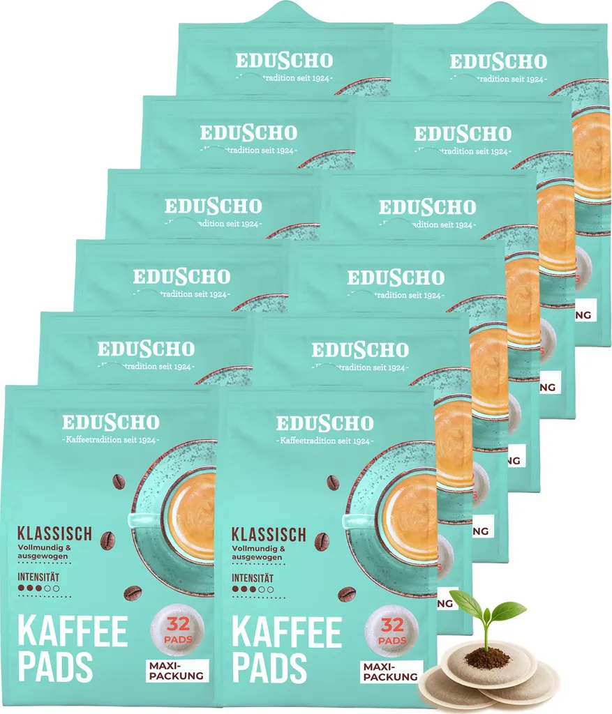 Tchibo Eduscho Coffee Pods Maxi Pack, Classic, 384 pods – 12 x 32 pods, full-bodied & balanced, for all pod machines, industrially compostable 2500g