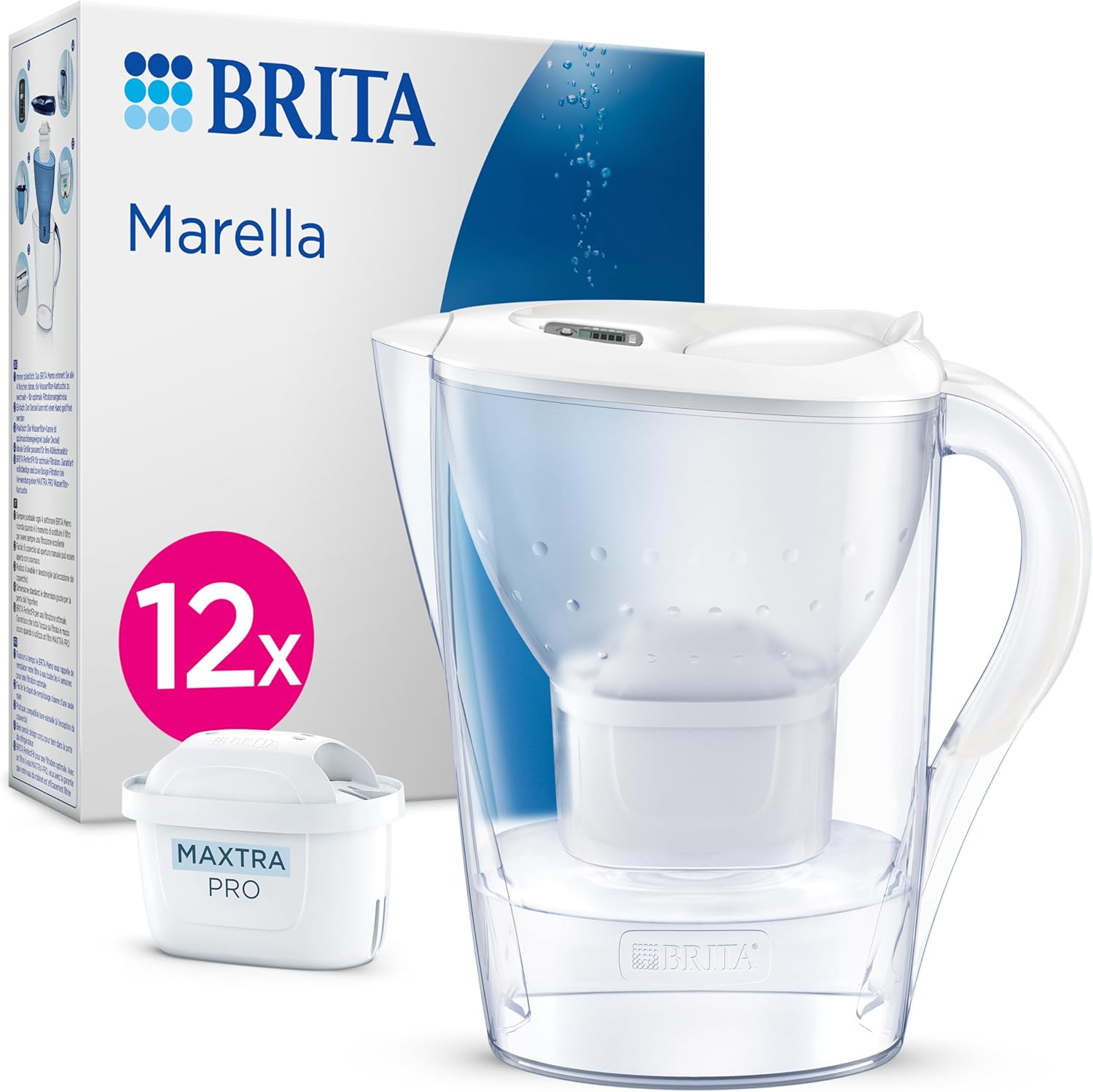 BRITA Marella Water Filter Jug White (2.4 L) Including 12 x Maxtra Pro All-in-1 Cartridge (Annual Stock) - Water Filter for Reducing Limescale, Chlorine, Lead, Copper and Taste-Disturbing Substances
