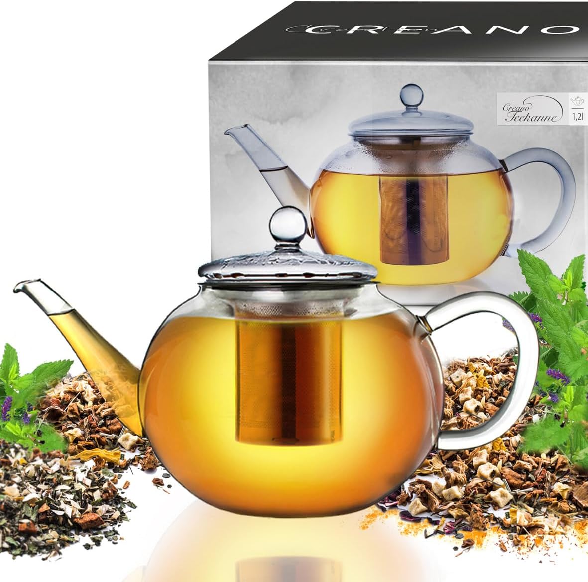 Creano Glass Teapot 800 ml 3-Part Tea Maker with Integrated Stainless Steel Strainer and Glass Lid.