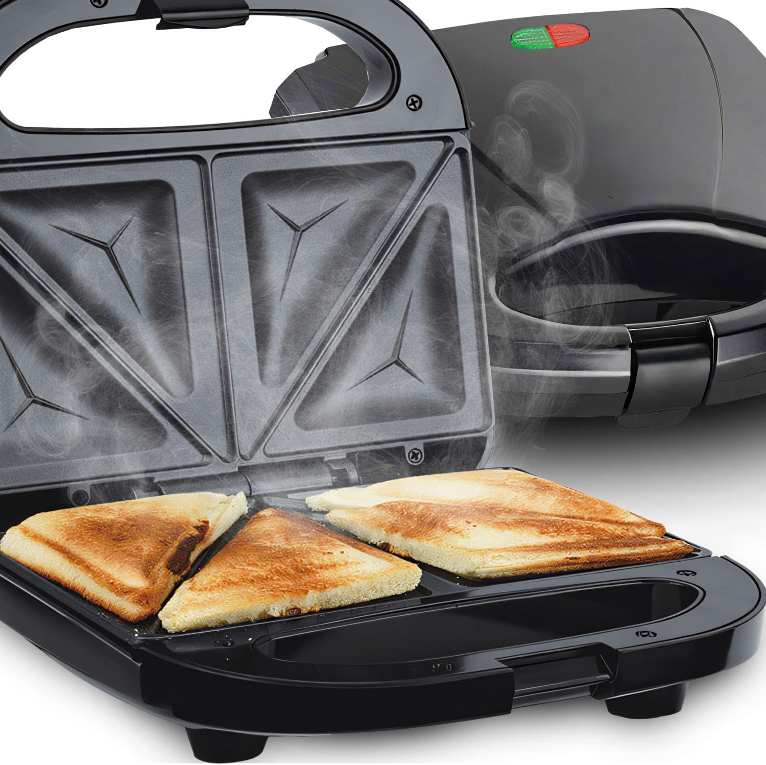 Retoo Sandwich Maker 750 W with Non-Stick Ceramic Plates, Quick Heating and Thermostat, Non-Slip Base, Ergonomic Handle, Space-Saving Design, 2 Sandwiches/4 Triangles, Black/Silver