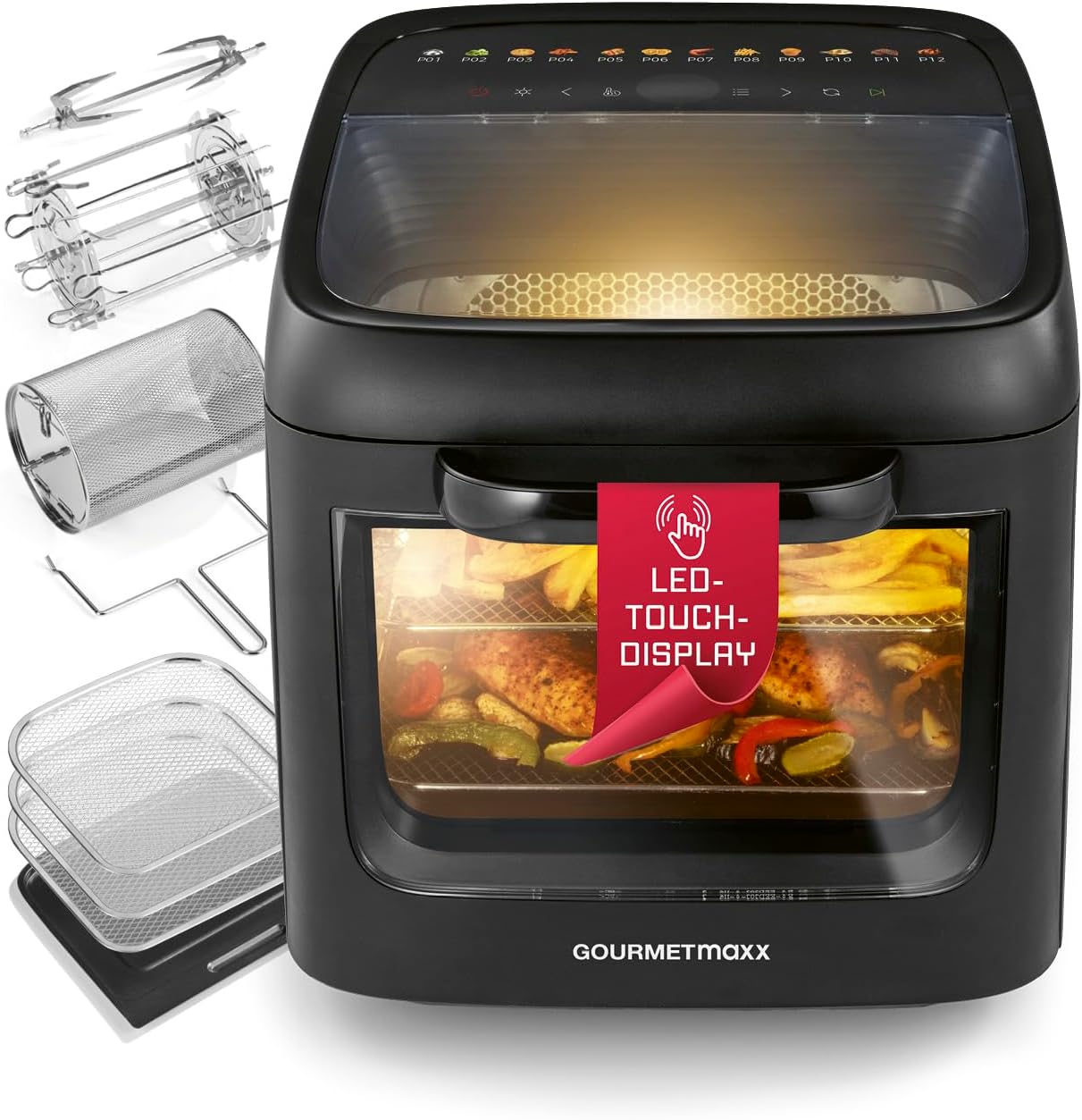 GOURMETmaxx Hot Air Oven with Panoramic Roof and Front Window 12.5 L | Hot Air Fryer with 9 Functions | Air Fryer & Mini Oven in 1 | for max. 8 People | Hot Air Fryer with Colour Icons