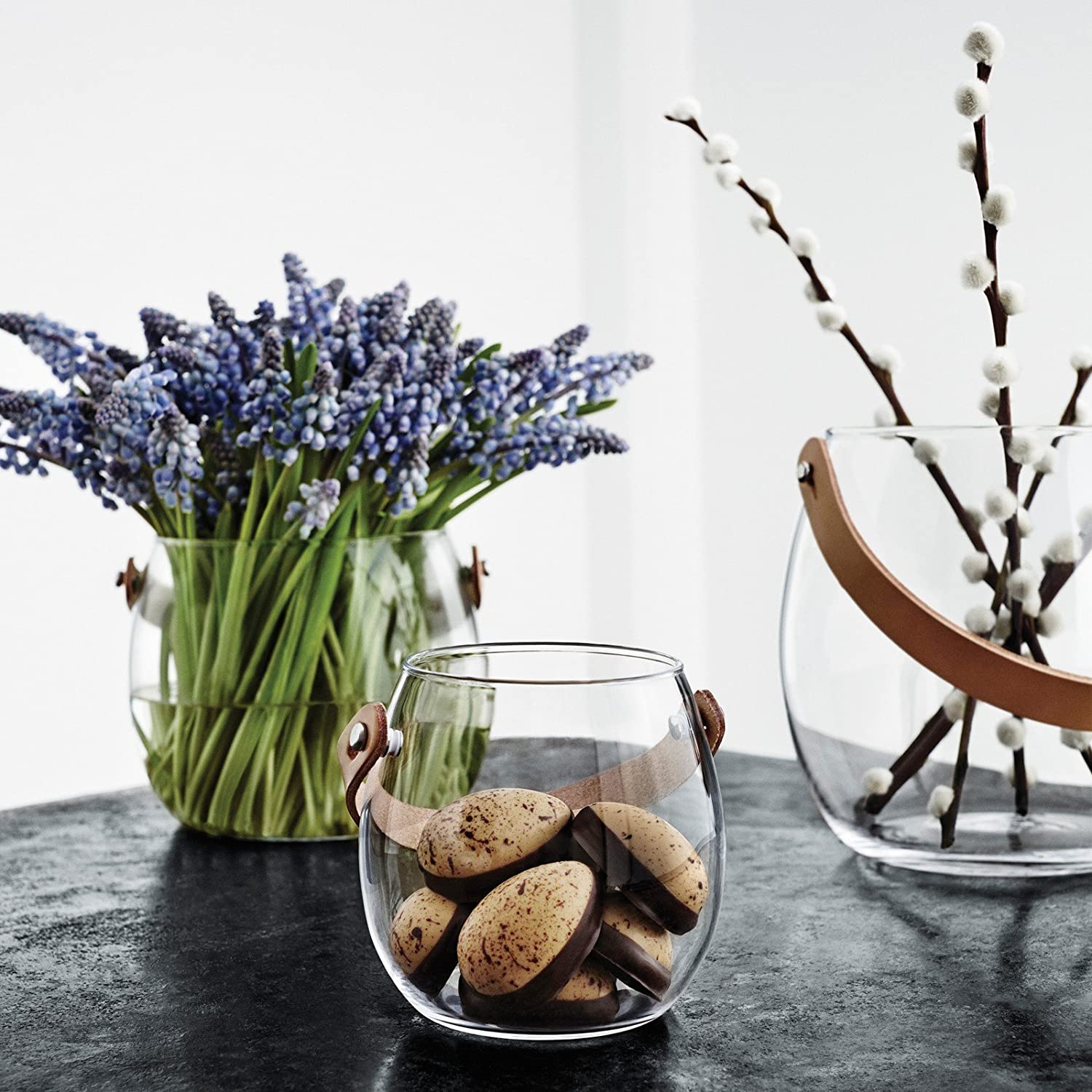 Holmegaard Design Light with Glass Bowl with Leather Handle, Wind Light, Vase, Glass, Transparent, H 16 cm, Ø 17 cm, 4343518