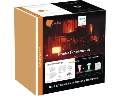 egardia Smart Security Set including Philips Hue Gateway, 2 x lamps, 2 x motion detectors, remote control, control panel, opening detector, 4 x warning stickers