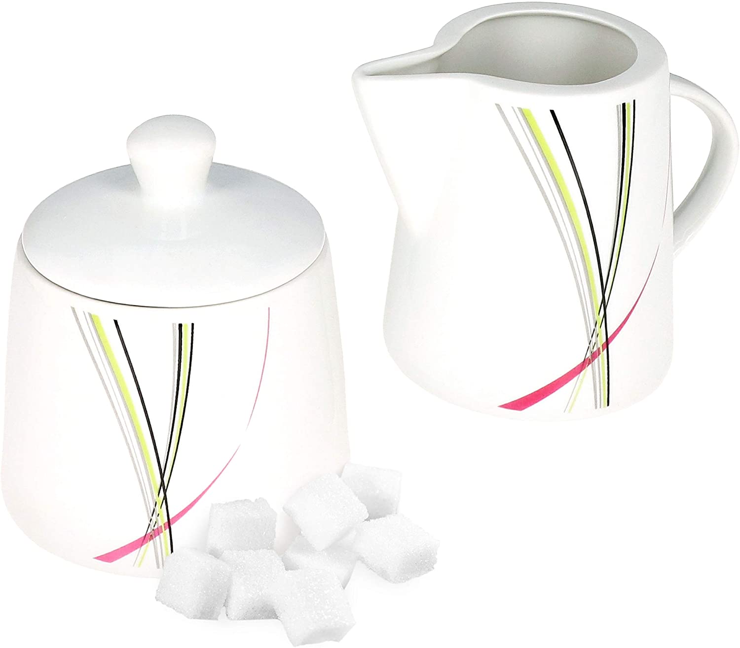 Van Well I 2-Piece Crockery Set Fashion: Sugar Tin with Lid + Milk Jug I Dispenser + Pourer I Abstract Stripes Pink/Green/Grey/Black I Porcelain Crockery