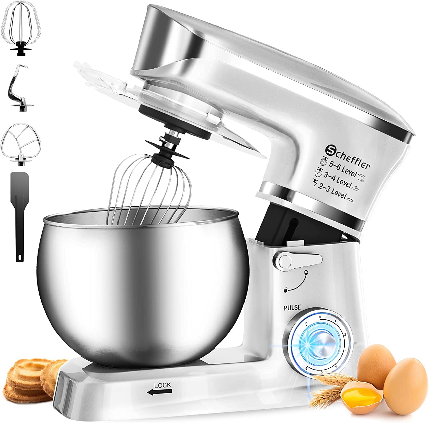 Scheffler Food Processor 2000 W Kneading Machine, 6 L Food Processor XL, Dough Machine, 6 Speeds, 8 Other Accessories Included, Dough Hook, Flat Stirrer, Whisk (6L silver)