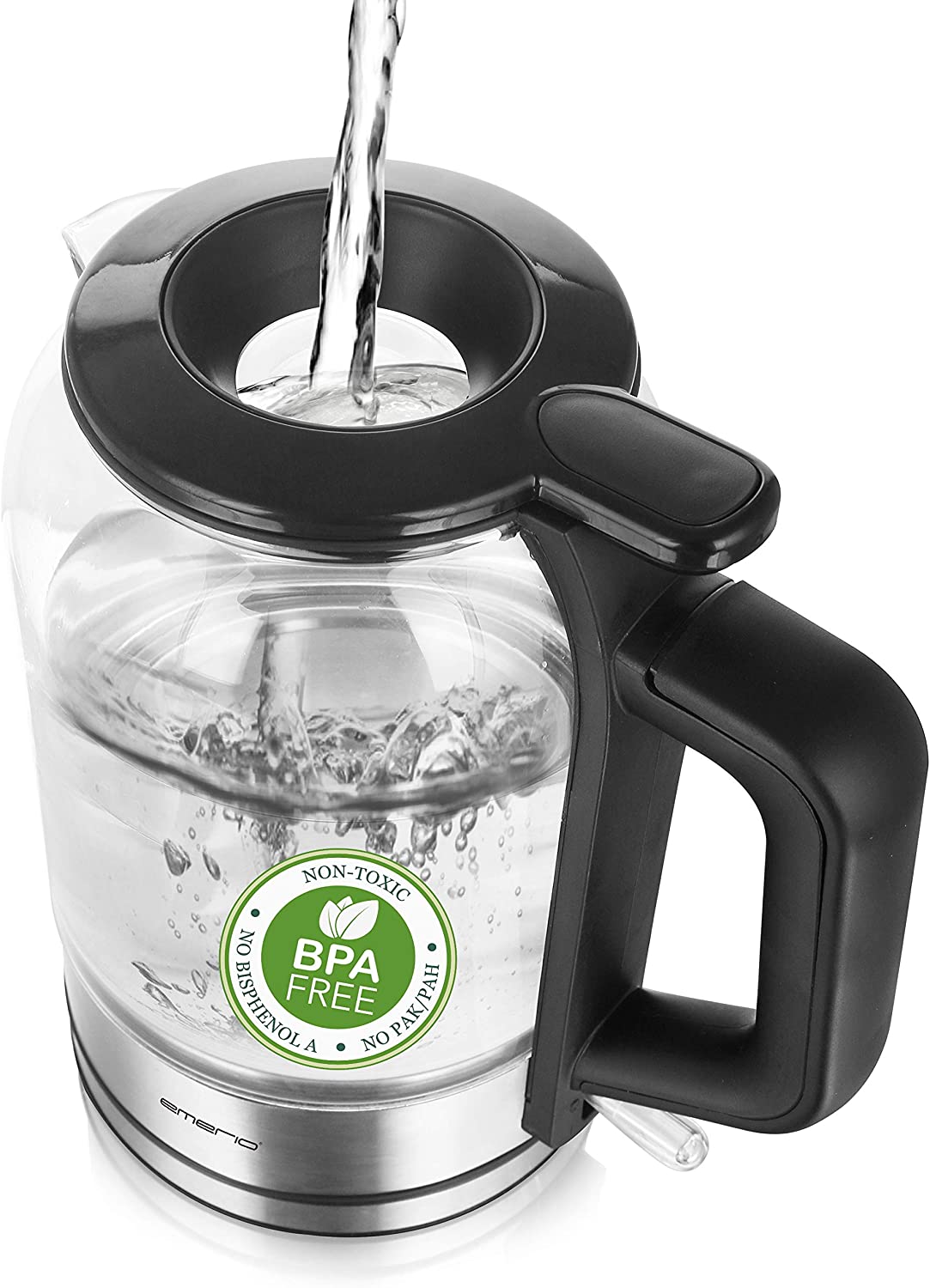 Emerio WK-122574, Smart Glass Kettle 1.5 l, BPA-Free Borosilicate Glass, 2200 watt, Blue Led Lighting, Auto Off Overheating Protection, Covered Heating Element, Clever Filling Opening, Black/Silver