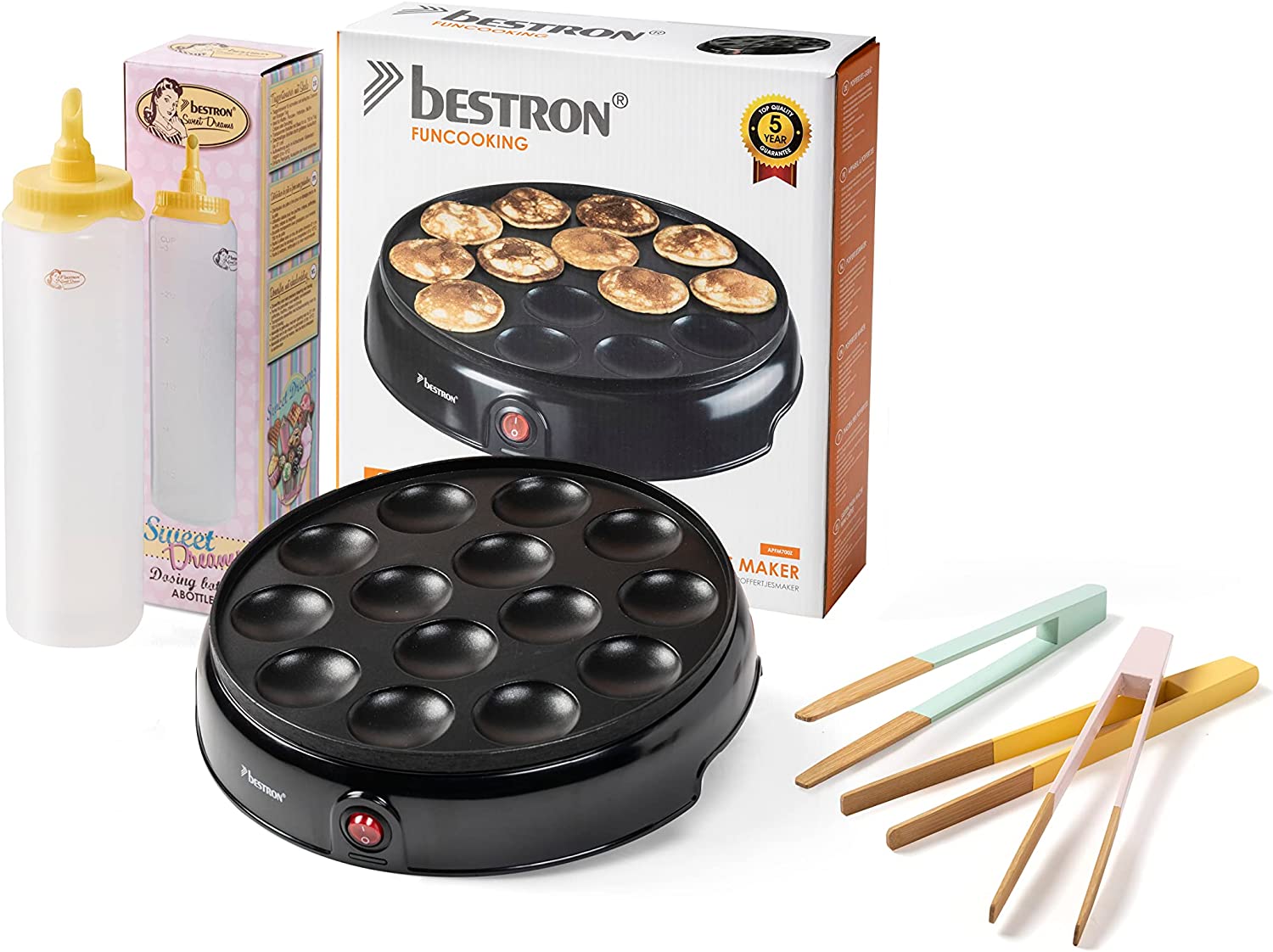 Bestron Poffertjesmaker, Vorteilspaket inkl. Teigflasche & 3-Set Servierzangen, ideal für Weihnachten, Ostern oder Kindergeburtstage, Retro Design, 800 Watt, Farbe: Schwarz/Gelb