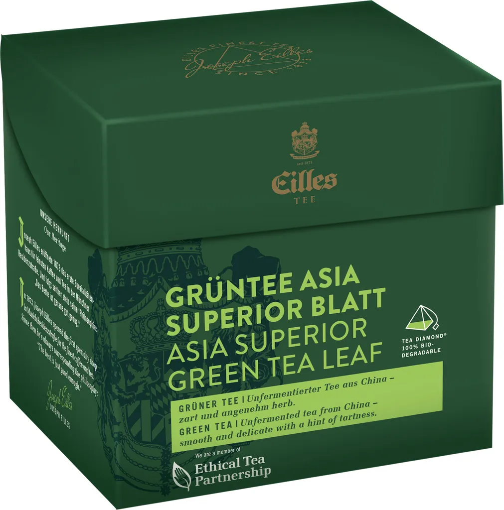EILLES TEA Tea Diamond GREEN TEA ASIA SUPERIOR Leaf Tea in Pyramid Tea Bags, Box of 20 50g