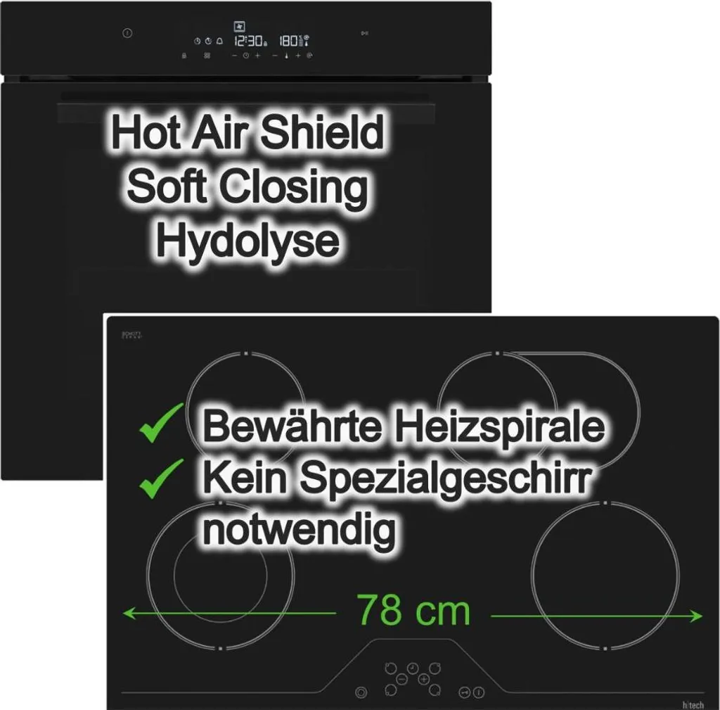 Daewoo Built-in oven, black, hydrolytic, soft-close, with 78 cm glass ceramic hob and dual-circuit roasting zone