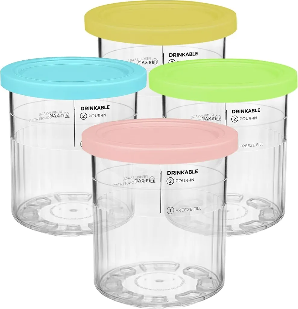 BundiGlassware Ice cream container, replacement pint and lid, 680 ml, for Ninja Creami, compatible with NC500 NC501 Deluxe, BPA-free, dishwasher safe, airtight, leaf-proof, 4 pieces, pink, green, blue, yellow