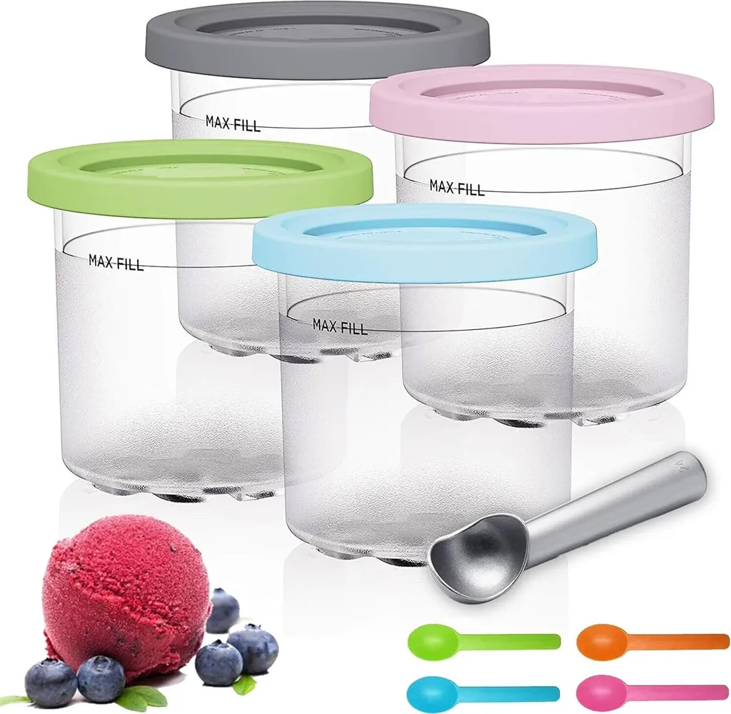 BundiGlassware Ice cream containers, 4-pack ice cream pint cups with lids, Creami containers for Ninja Creami ice cream machines, bucket accessories for NC301 NC300 NC299AMZ series, BPA-free 16 oz.