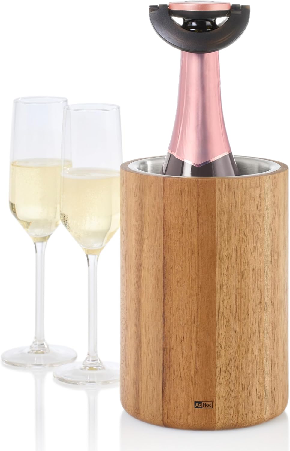 AdHoc WK30 Bottle Cooler for Wine, Sparkling Wine, Champagne Vine, Suitable for All Types of Drinks Bottles, Acacia Wood, Stainless Steel