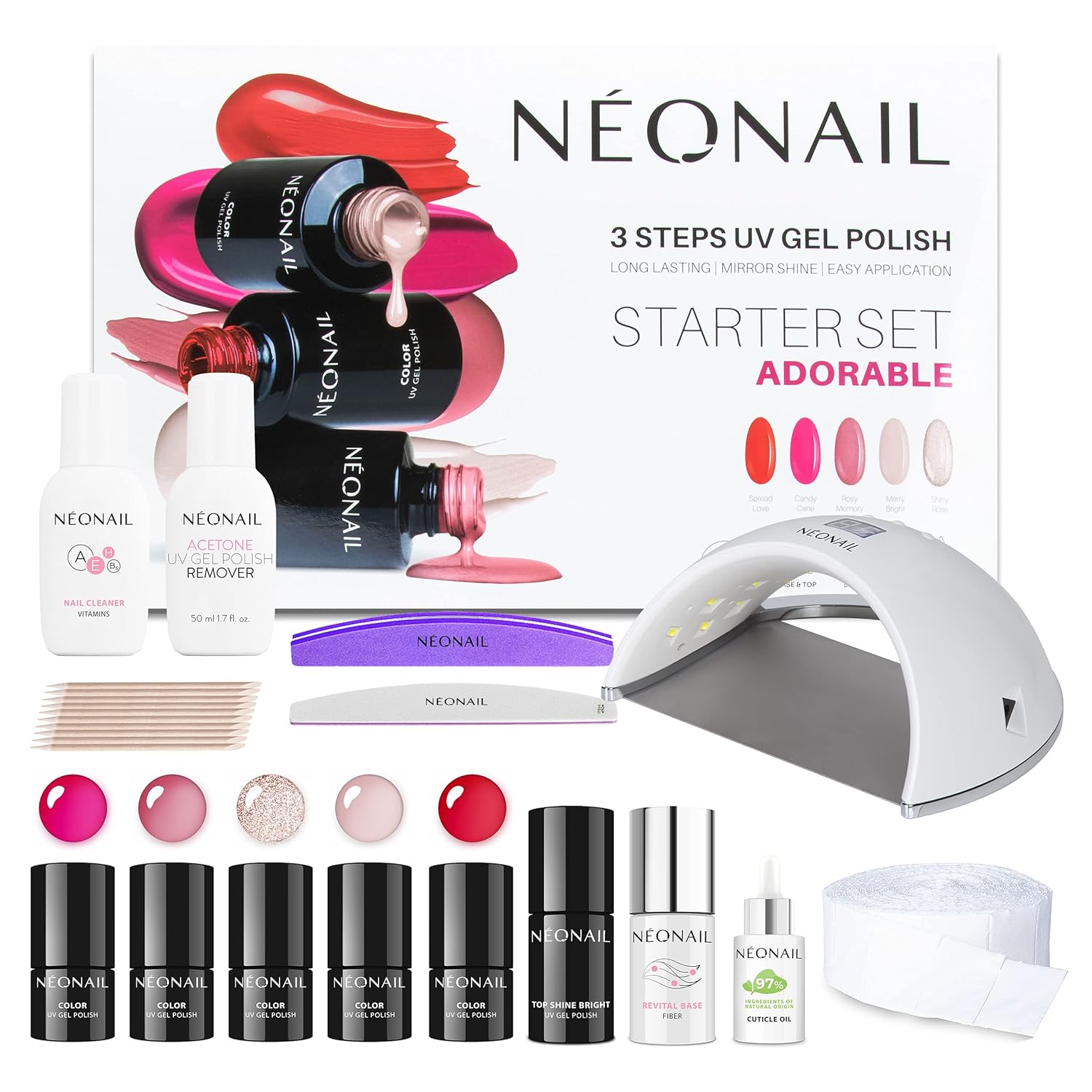NÉONAIL Adorable Starter Set - LED UV Lamp 21 W/48 - UV Nail Polish - Manicure Set - Top - Starter Set with Lamp - Sets - Nail Polish Set - Colors - Base - Manicure - Nail Set