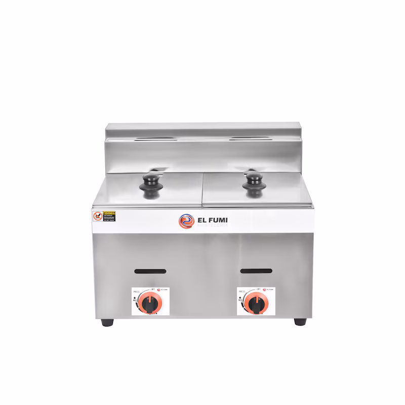 The Fumi – Gas-Fritteuse 8 + 8 Liter ohne Ablasshahn, schnelle Industrieausführung. If you want, I can also translate the full description if I send it.