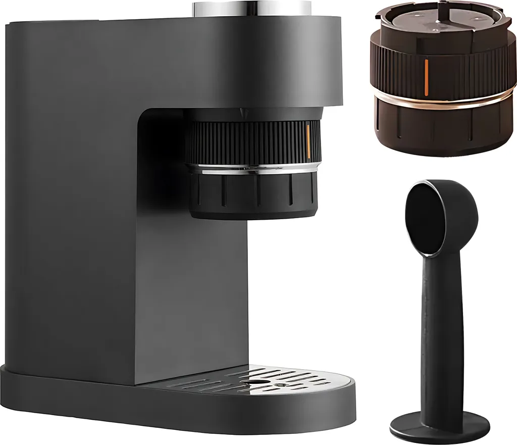 Douself Electric coffee machine with digital touchscreen, 12 bar, mini coffee machine with measuring spoon, 280 ml/9.5 oz water tank, cordless rechargeable espresso machine, works with NS capsules and ground coffee