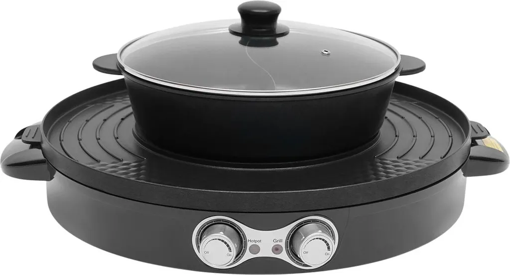 StarTech Electric Hot Pot with Grill - Round 2-in-1 Tabletop Appliance - 2200 W - Split Yin-Yang Pan - Non-Stick Coating - Glass Lid - Black