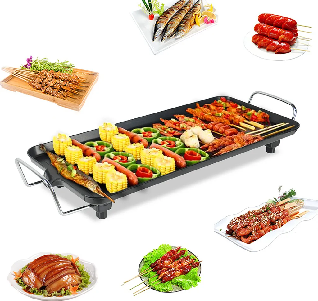 Supfine Electric table grill, stainless steel grill plate, non-stick coating, thermostat, 68×28cm, 1355W, black