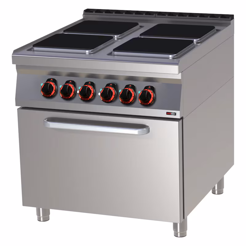Electric stove with oven, freestanding unit, stainless steel, 4 hobs, 20.3 kW, 800x900x900mm, 50-300°C