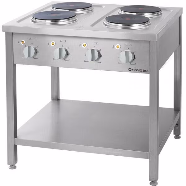 Electric range, freestanding unit, stainless steel, 4 burners at 2.6 kW each (10.4 kW total), 800 x 700 x 850 mm