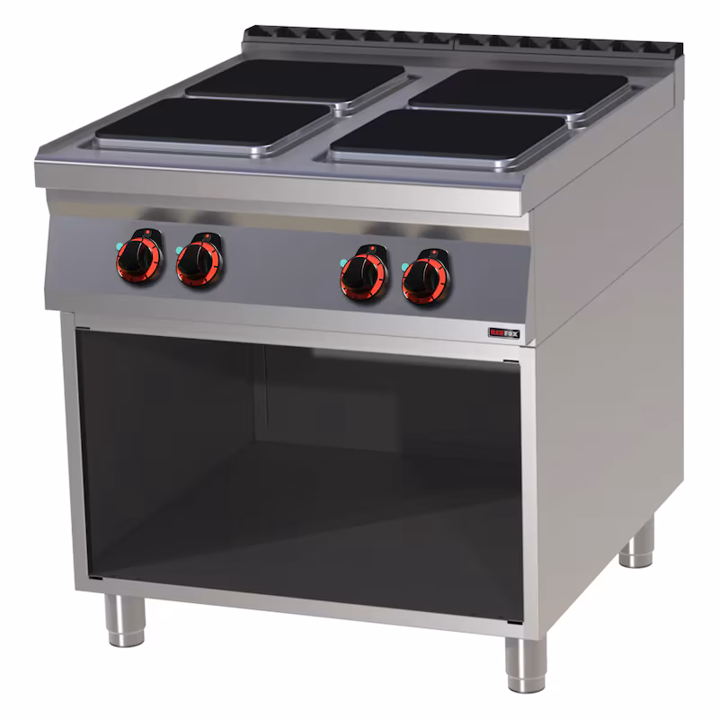 Electric range, freestanding unit with base, stainless steel, 4 hobs, 14 kW, 800x900x900mm, 50-300°C