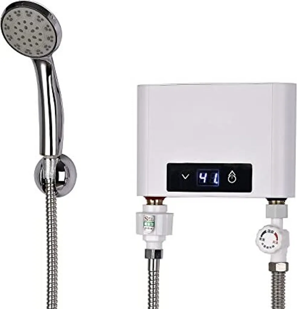 EUNEWR Electronic continuous hot shower, 220V electric water heater, temperature selection 30-52°C, bathroom shower kit, hand basin, kitchen, B