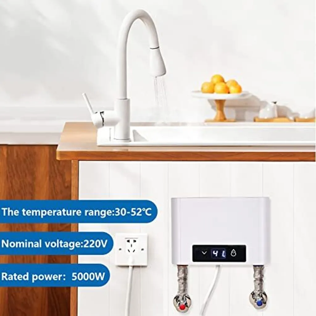 EUNEWR Electronic continuous hot shower, 220V electric water heater, temperature selection 30-52°C, bathroom shower kit, hand basin, kitchen, B