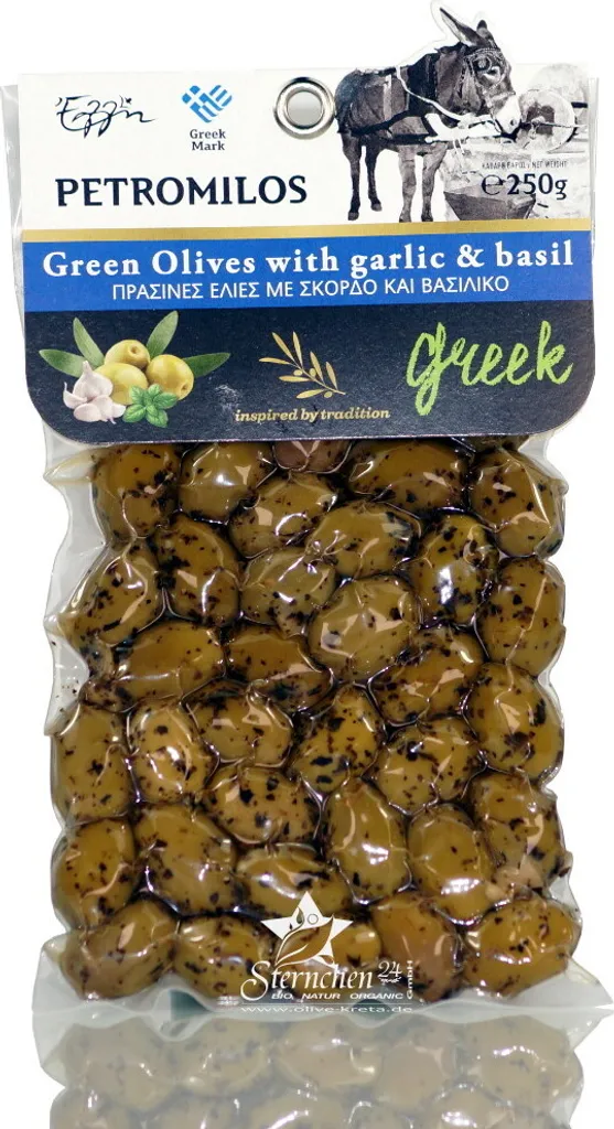 ELLH ELLIE 14011 Green Olives Garlic & Basil 250g vacuum packed PETROMILOS from Crete