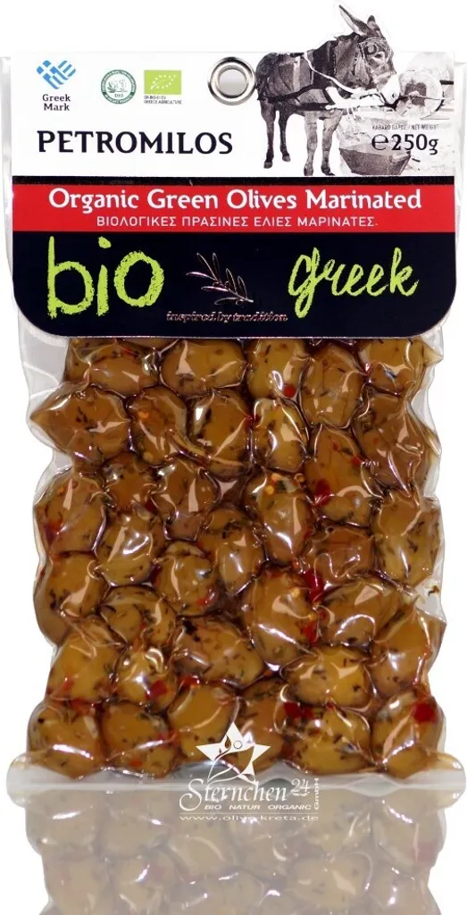 ELLH ELLIE 14511 Organic Green Olives marinated 250g vacuum packed PETROMILOS