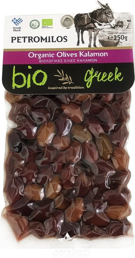ELLH ELLIE 14550 Organic Kalamata Olives 250g vacuum packed PETROMILOS from Crete