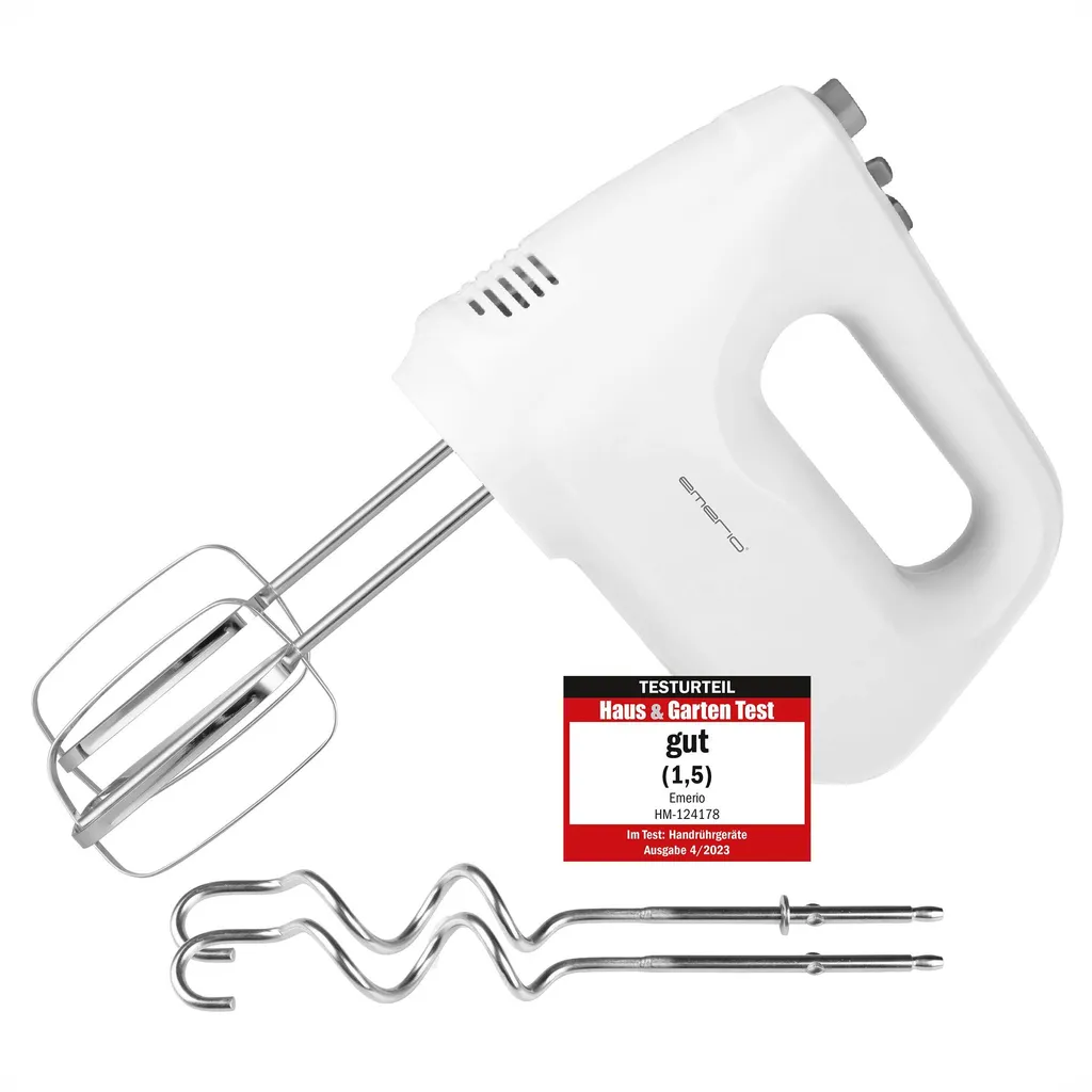 Emerio Hand Mixer 250 W – Mixer with Turbo Function – 6 Speed ​​Settings – Stainless Steel Beaters and Dough Hooks – HM-124178 – White