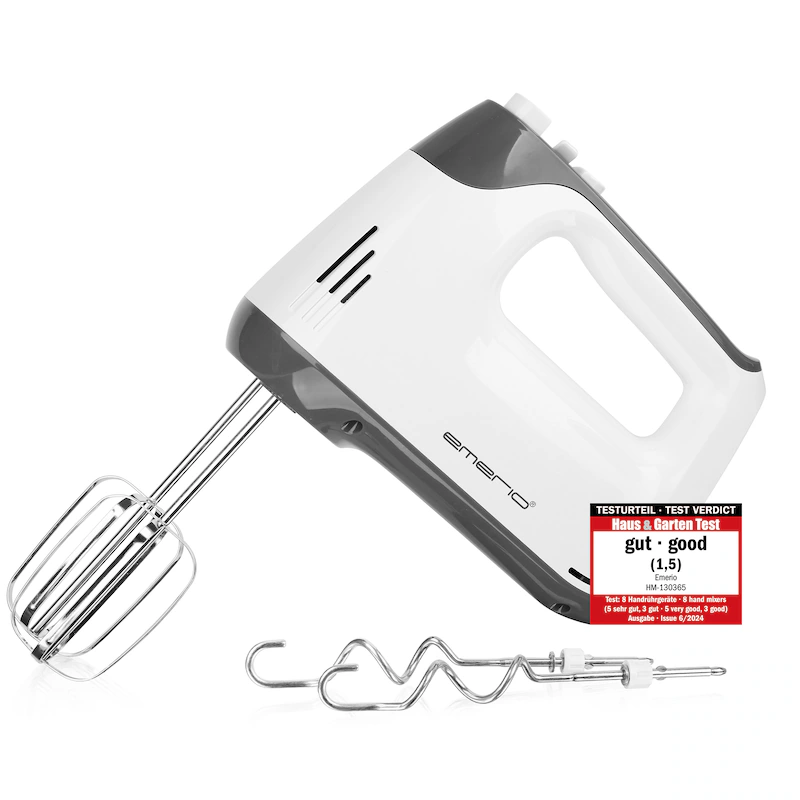 Emerio Hand Mixer 400 W – Mixer with Turbo Function – 5 Speed ​​Settings – Stainless Steel Beaters and Dough Hooks – HM-130365 – White / Grey