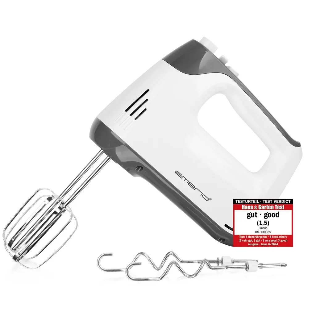Emerio Hand Mixer 400 W – Mixer with Turbo Function – 5 Speed ​​Settings – Stainless Steel Beaters and Dough Hooks – HM-130365 – White / Grey