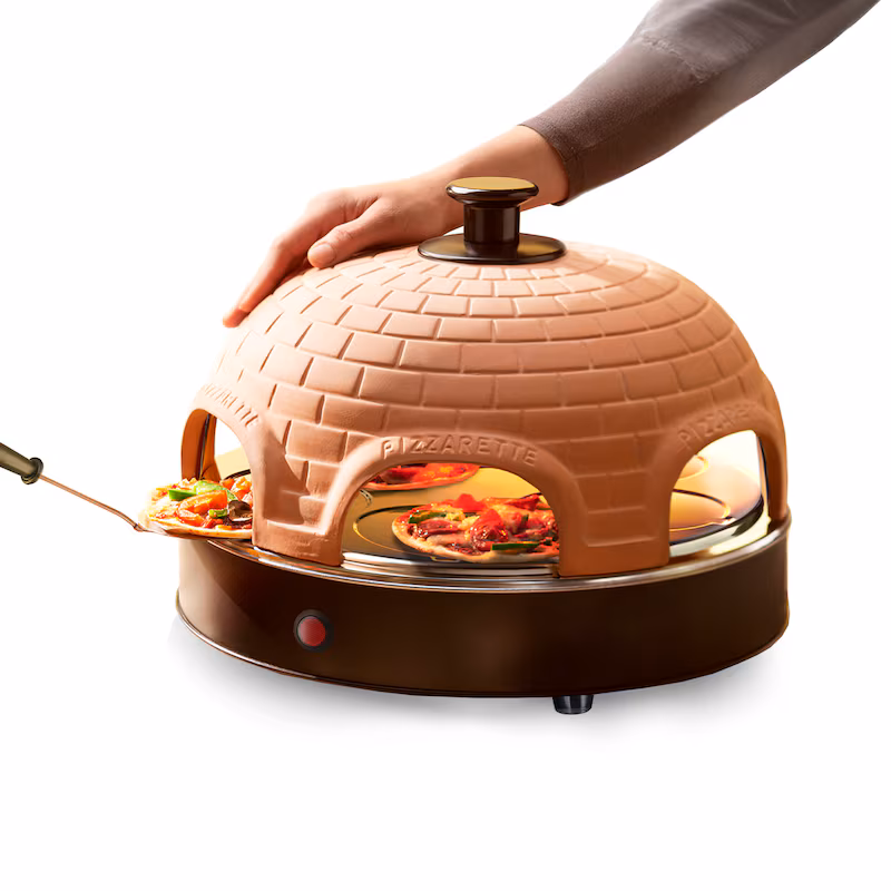 Emerio Pizzarette Original PO-115984 – 1200W – Pizza Oven for 6 People – Handmade Terracotta Dome – Pizza Oven – 6 Baking Spatulas – Cool Touch