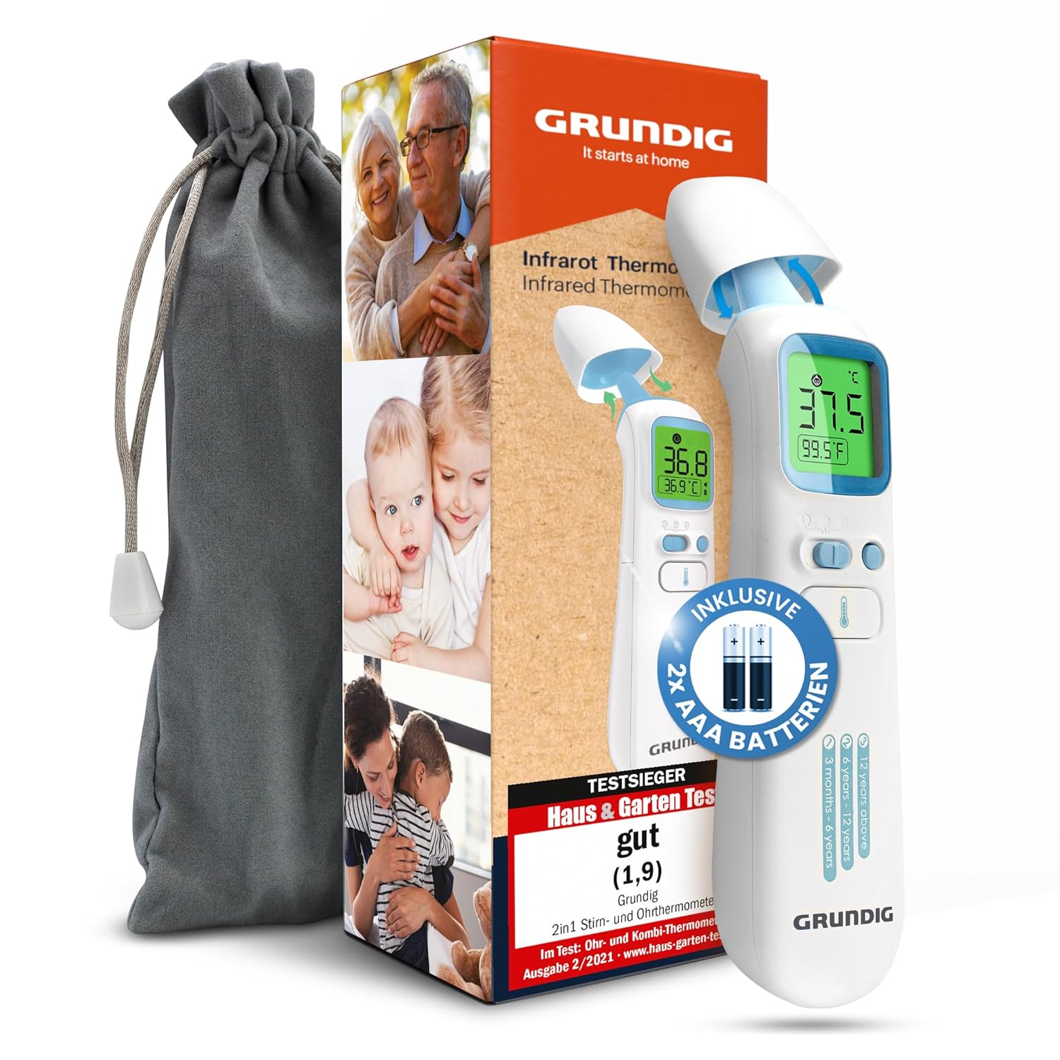 GRUNDIG Store GRUNDIG Fever Thermometer Test Winner – No Follow-up Costs – Thermometer for Baby Children Adults – High Precision Contactless and Digital Fever on Ear, Forehead and Objects (Including Batteries)